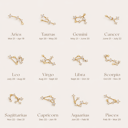 Zodiac Stud Earrings come in all twelve constellation designs, each rendered in gold with sparkling stone stars.