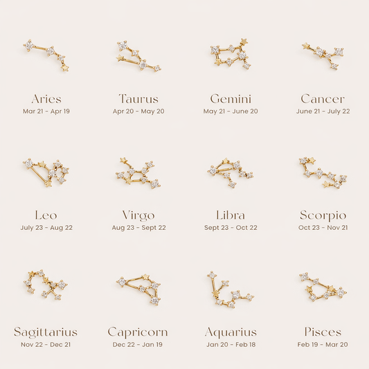 Zodiac Stud Earrings come in all twelve constellation designs, each rendered in gold with sparkling stone stars.
