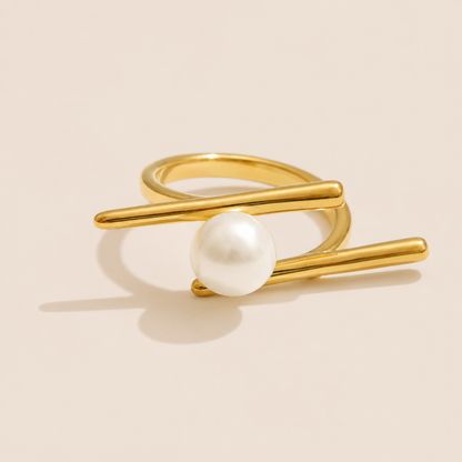 Riviera Club Gold Pearl Adjustable Ring – Stainless Steel by Folie à Trois
