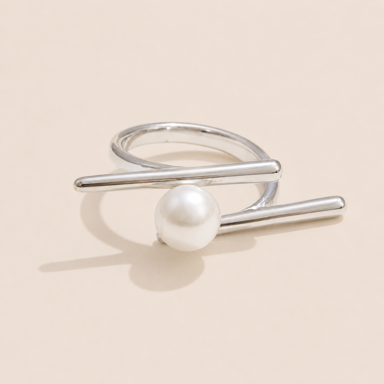 Folie à Trois Riviera Club Ring – Silver Pearl Adjustable Ring, Tarnish-Free Stainless Steel
