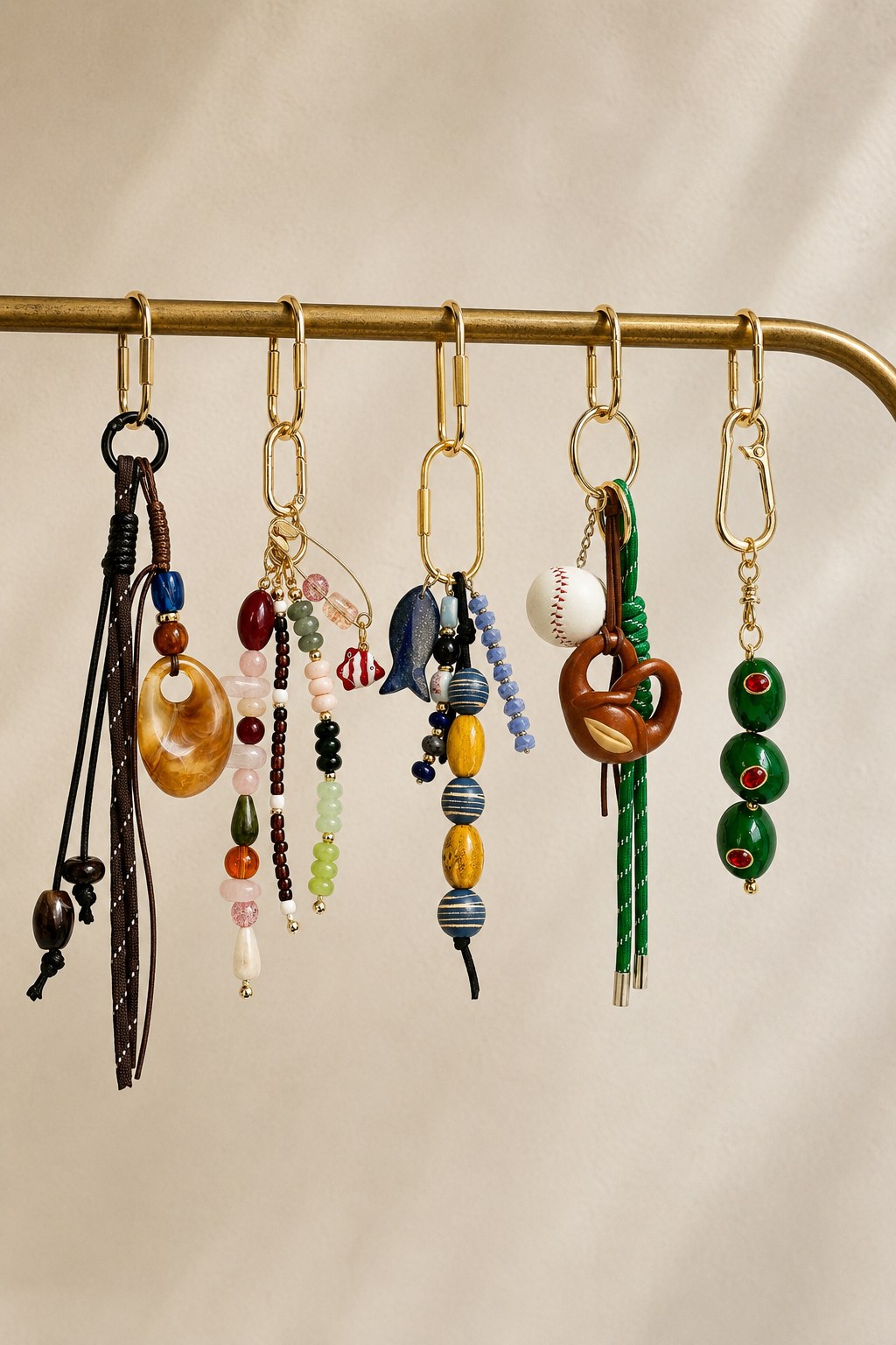 Six colorful beaded and leather keychains hanging from a gold metal rod against a warm beige background.