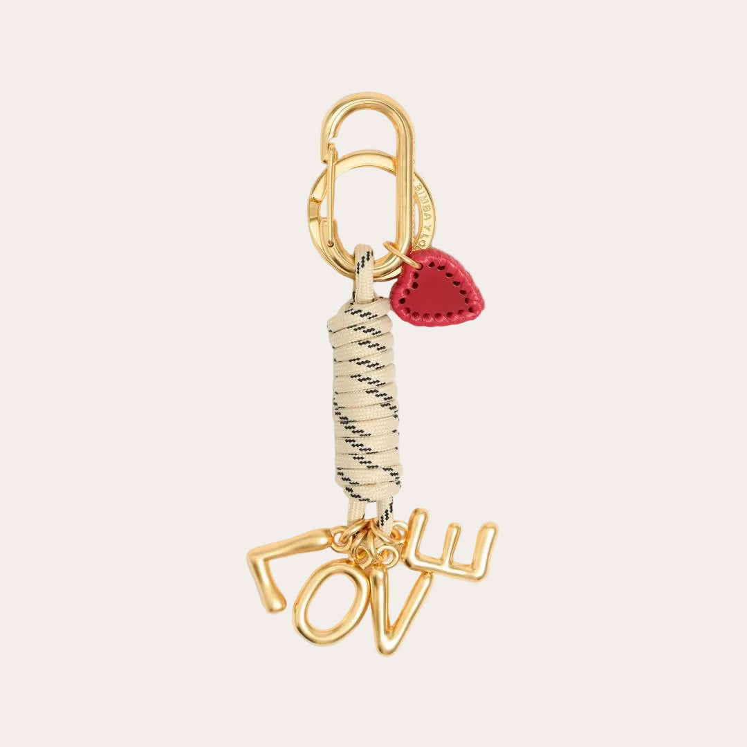 Love Note BAG CHARM - gold LOVE letters with red strawberry charm on cream cord