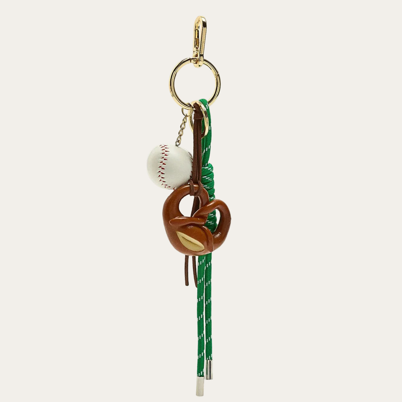 Ballpark BAG CHARM - enamel baseball and pretzel charms on green cord