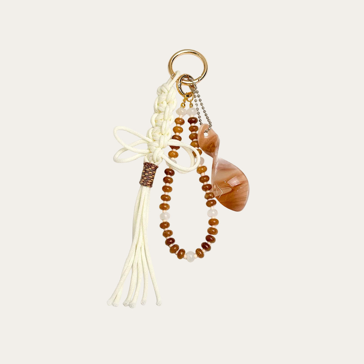 Seraphina BAG CHARM Ivory Knot - cream macrame tassel with brown agate beads and stone pendant