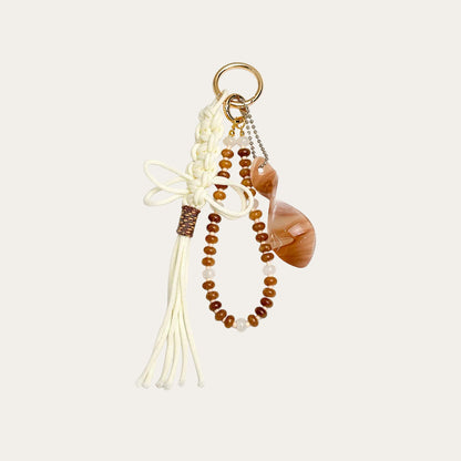 Seraphina BAG CHARM Ivory Knot - cream macrame tassel with brown agate beads and stone pendant