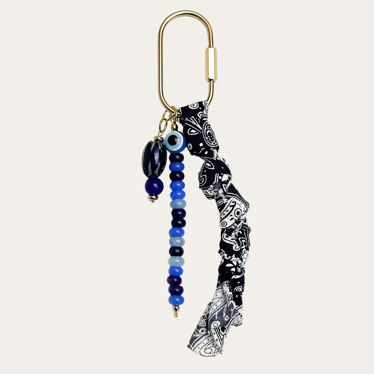 Paloma BAG CHARM Navy Bandana - paisley fabric tassel with evil eye bead