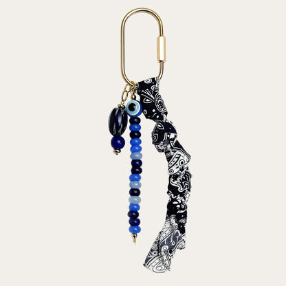 Paloma BAG CHARM Navy Bandana - paisley fabric tassel with evil eye bead