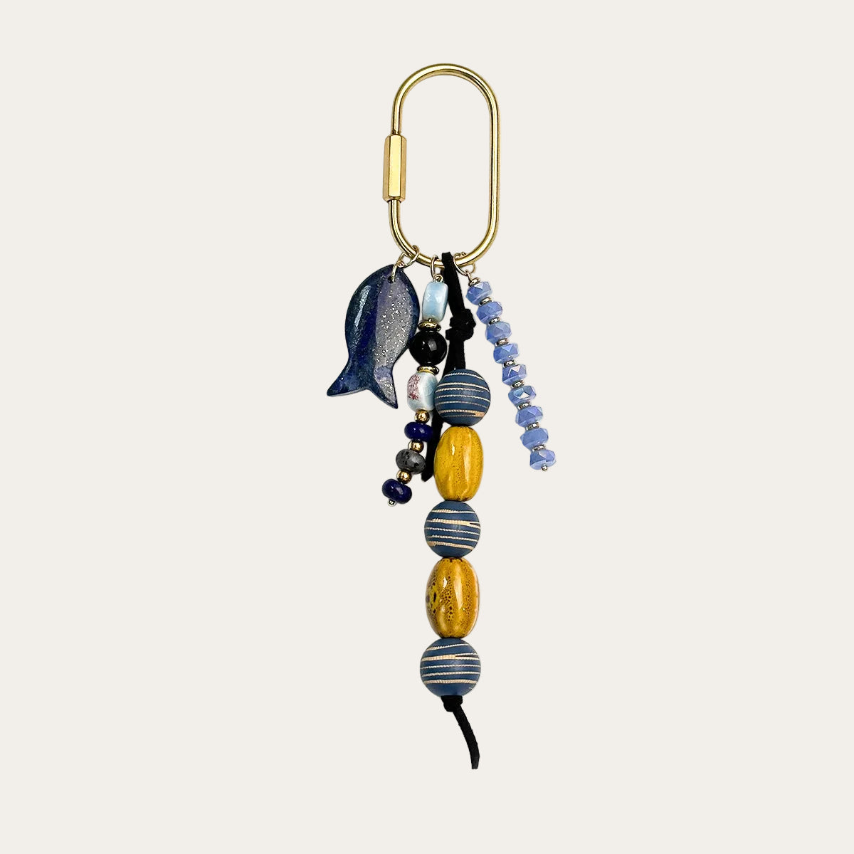 Pescado BAG CHARM Denim Fish - navy enamel fish charm with blue striped beads