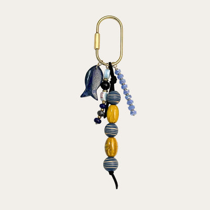 Pescado BAG CHARM Denim Fish - navy enamel fish charm with blue striped beads