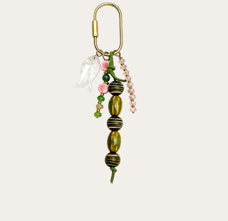 Pescado BAG CHARM Ivory Fish - white enamel fish charm with green and pink beads