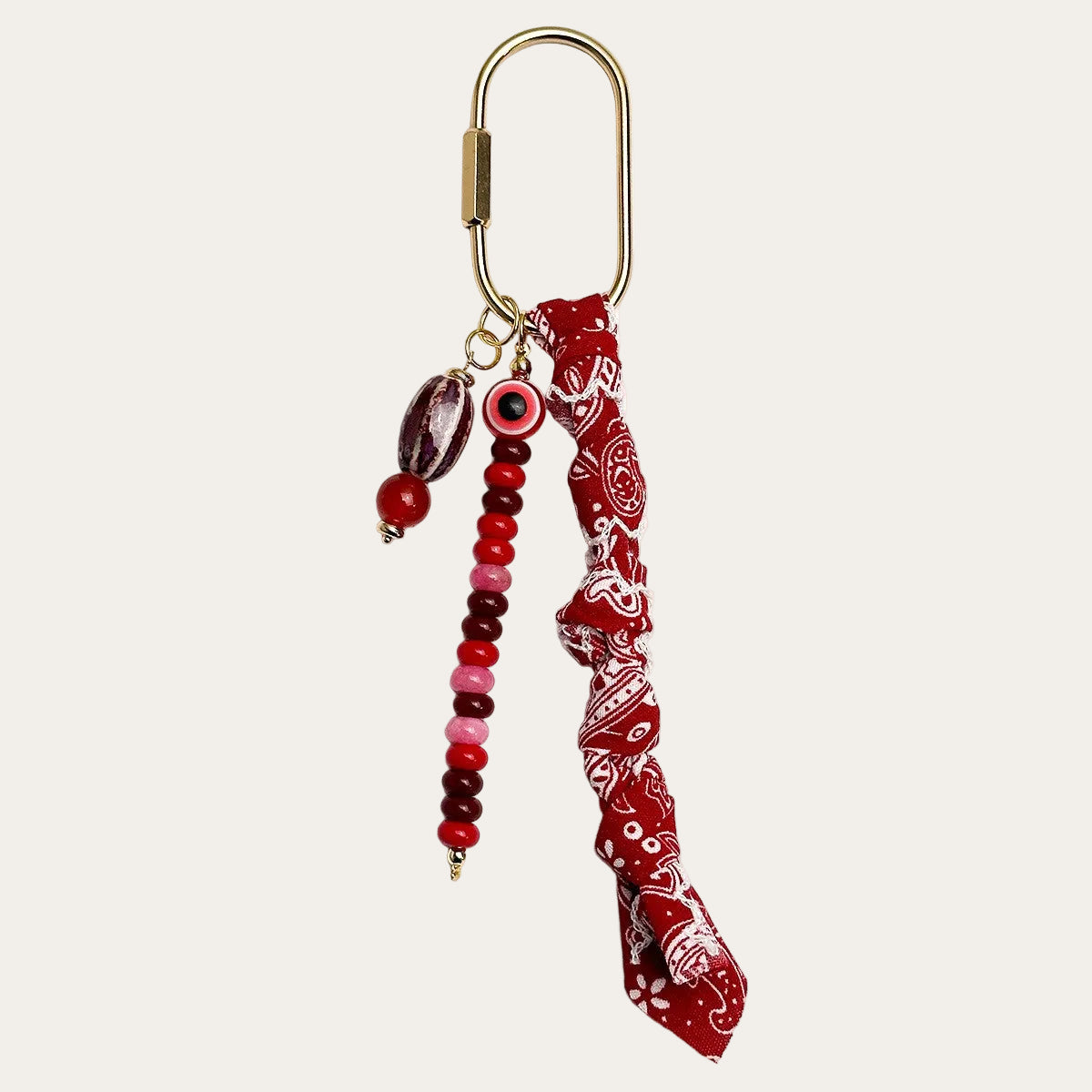 Paloma BAG CHARM Red Bandana - paisley fabric tassel with evil eye bead