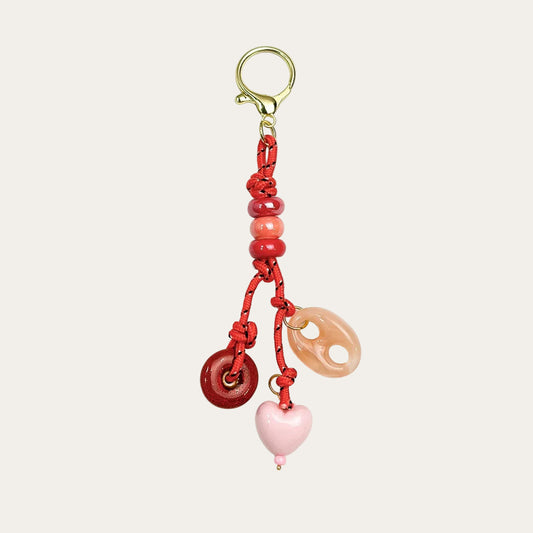 Amara BAG CHARM - red and blush beaded tassel with heart and agate charms