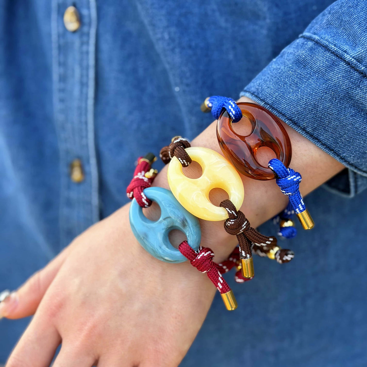 Pecan Pig Nose BRACELET - turquoise, yellow and tortoise pig nose charm bracelets on the wrist