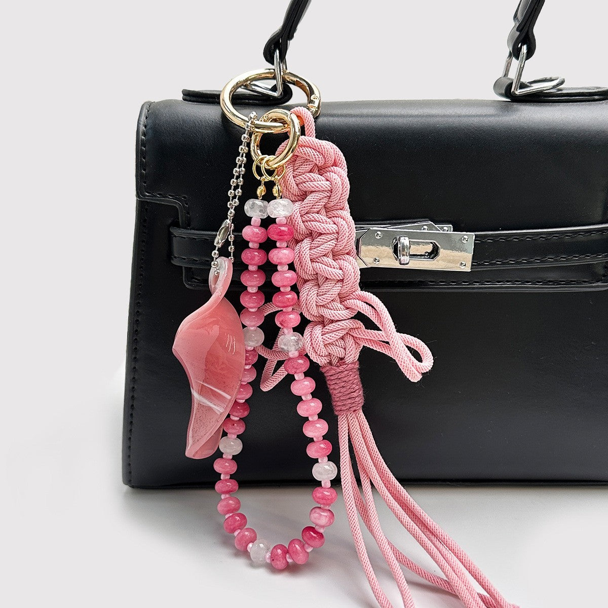 Seraphina BAG CHARM Blush Knot - pink macrame tassel with pink agate beads and stone pendant