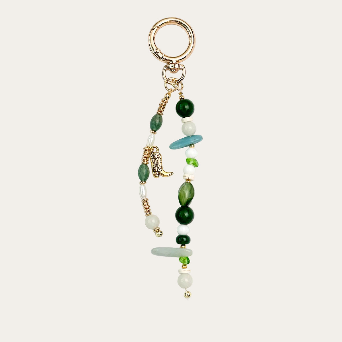 Jade Boot BAG CHARM - green jade beads with gold cowboy boot charm