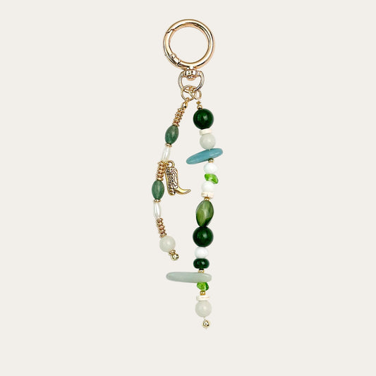 Jade Boot BAG CHARM - green jade beads with gold cowboy boot charm