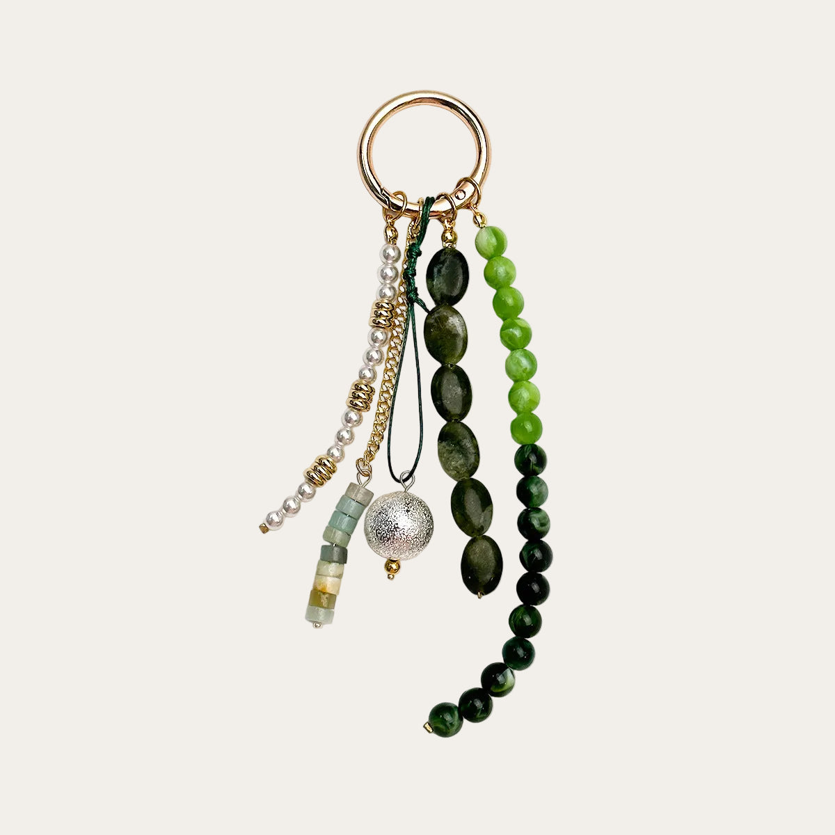Delphine BAG CHARM Jade Pearl - green ombre beads with pearl strand and silver ball