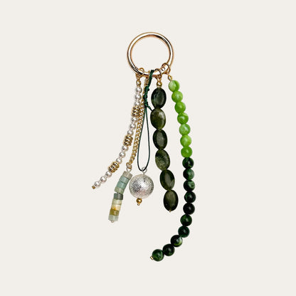 Delphine BAG CHARM Jade Pearl - green ombre beads with pearl strand and silver ball