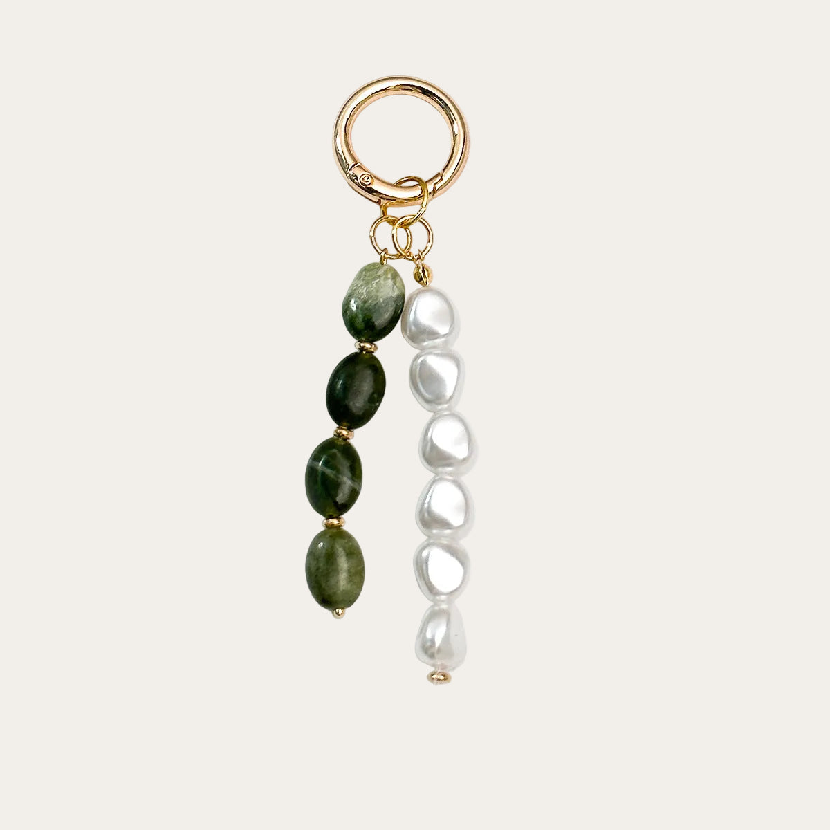 Perla BAG CHARM Jade and Pearl - green oval stone beads with baroque pearl strand