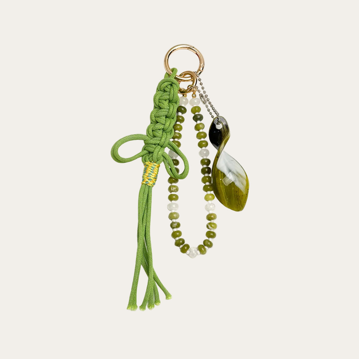Seraphina BAG CHARM Olive Knot - green macrame tassel with jade beads and agate leaf pendant