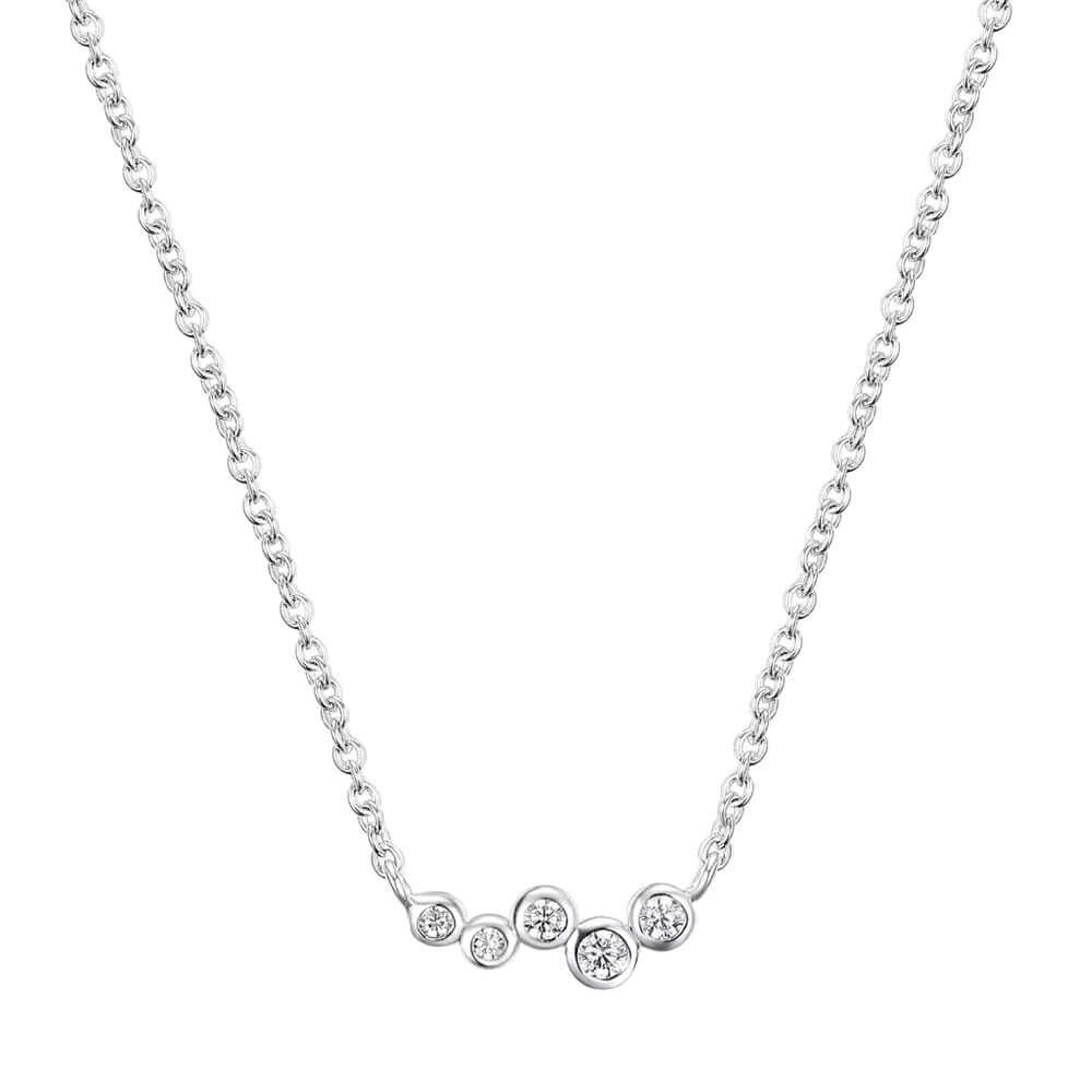 The Hailey NECKLACE in silver, five small round cubic zirconia stones clustered along a fine cable chain, shown on white.