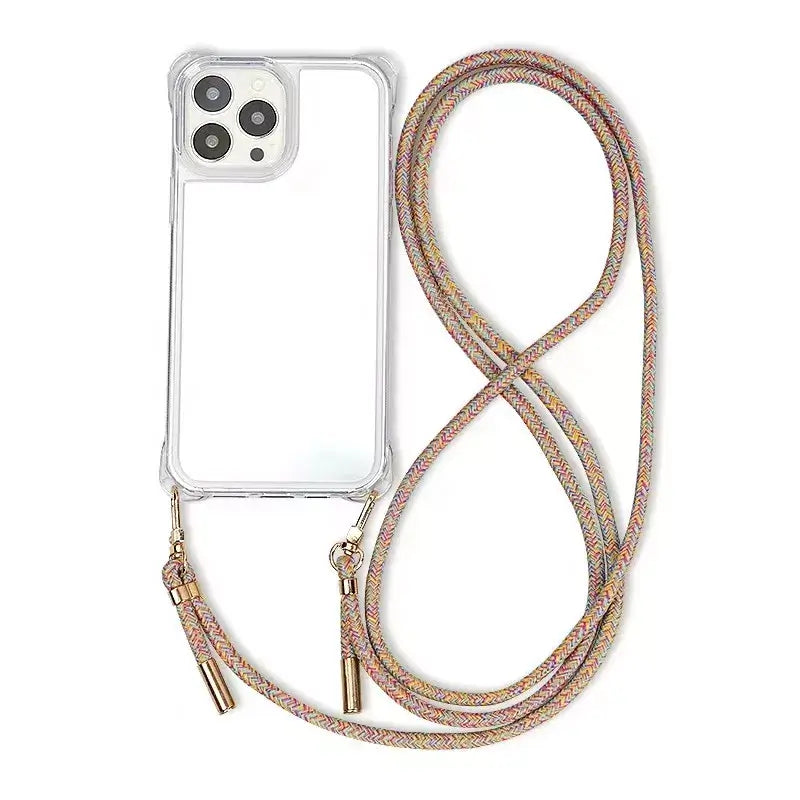 Rainbow multicolor herringbone Multi Colorful PHONE CORD attached to a clear phone case with triple camera, white background.