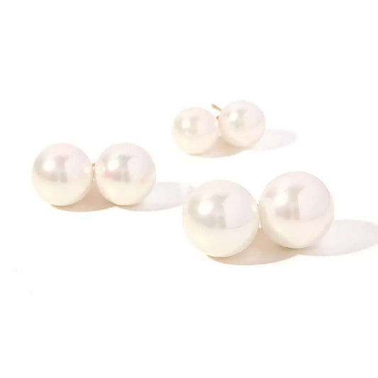 Pearl Me Earrings offer classic round pearl studs in three graduated sizes, from small to large.