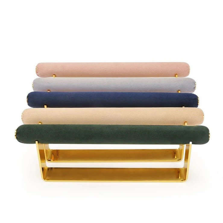 Velvet Ring DISPLAY stands in gold, five empty velvet bars in mauve, grey, navy, tan, and dark green stacked vertically on one frame.