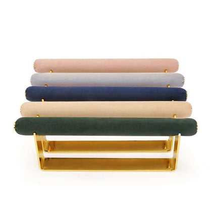 Velvet Ring DISPLAY stands in gold, five empty velvet bars in mauve, grey, navy, tan, and dark green stacked vertically on one frame.