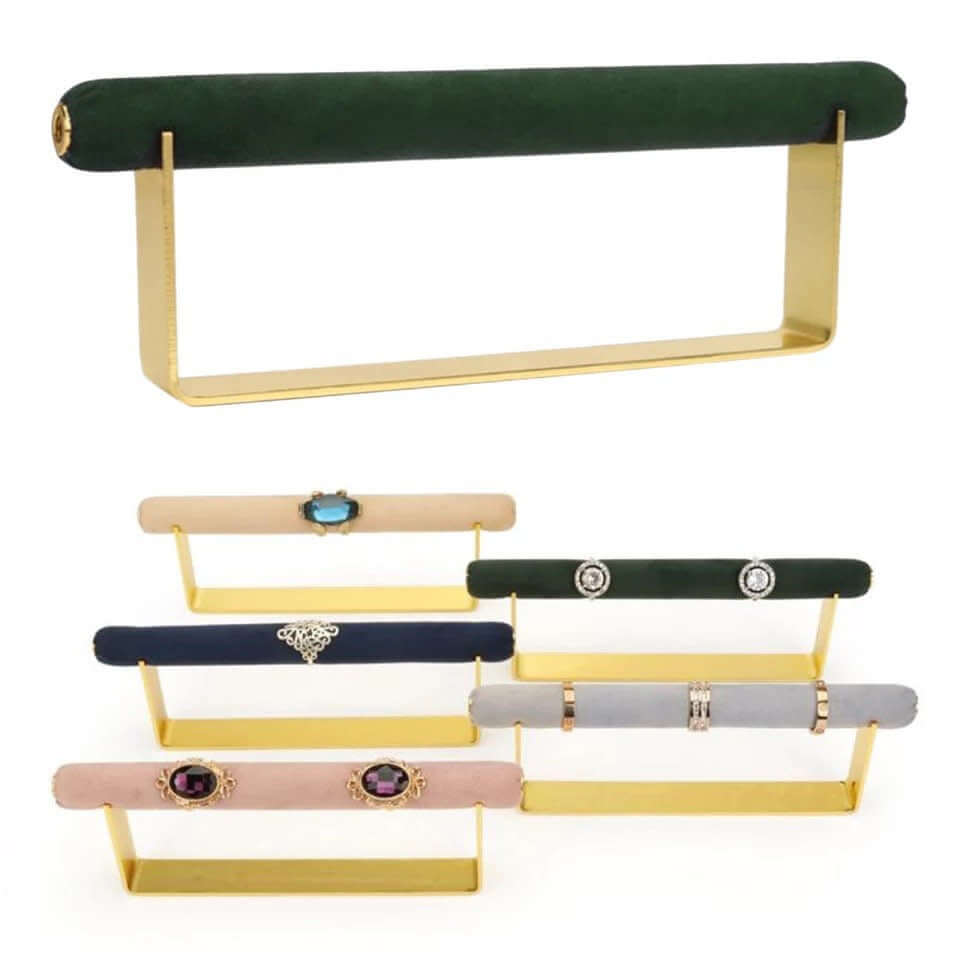 Velvet Ring DISPLAY stands in gold, one empty green bar shown above a tiered set of five velvet bars in different colors holding rings.