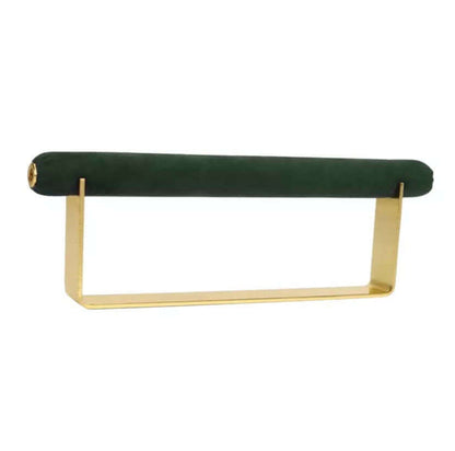 Velvet Ring DISPLAY stand in gold with a dark green velvet bar, shown empty at an angle against a white background.