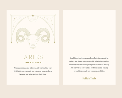 An Aries-themed card for Zodiac Stud Earrings pairs a ram illustration with a short horoscope message.
