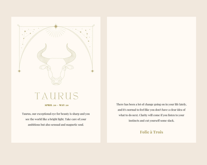 A Taurus-themed card for Zodiac Stud Earrings features a bull illustration alongside a horoscope message.