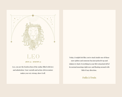 A Leo-themed card for Zodiac Stud Earrings features a lion illustration alongside a horoscope message.
