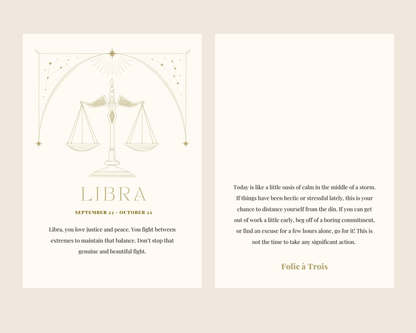 A Libra-themed card for Zodiac Stud Earrings shows a scale illustration with a matching horoscope message.