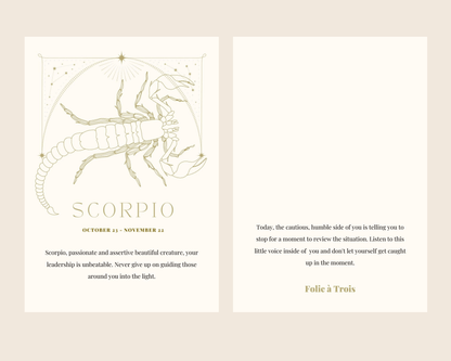 A Scorpio-themed card for Zodiac Stud Earrings features a scorpion illustration with a horoscope message.