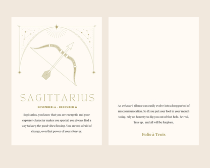 A Sagittarius-themed card for Zodiac Stud Earrings shows a bow and arrow with a horoscope message.