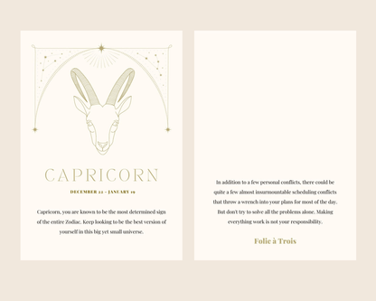 A Capricorn-themed card for Zodiac Stud Earrings features a goat illustration with a horoscope message.