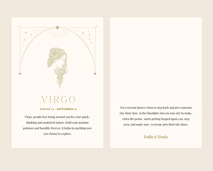 A Virgo-themed card for Zodiac Stud Earrings features a maiden illustration alongside a horoscope message.